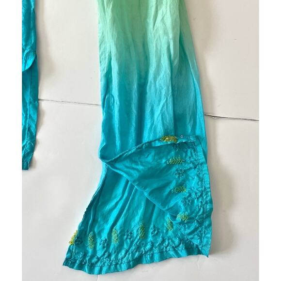Glam Souls Tunic Top Women S/M Blue Green Silk Boho Beads Beach Resortwear Slit - Picture 8 of 10